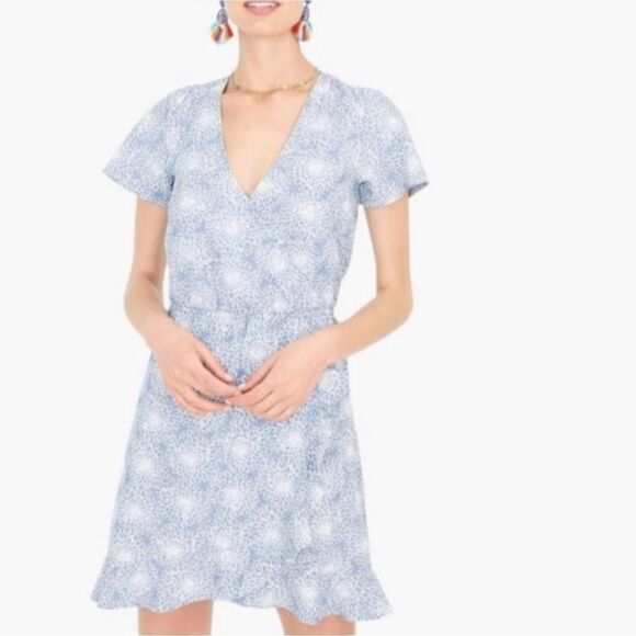 J. Crew Mercantile Blue & White Chambray Ruffle Faux Wrap Dress - Picture 2 of 11